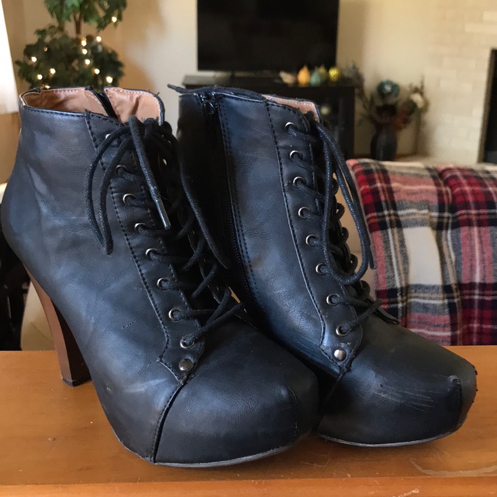 Black Lace-Up High Heel Boot